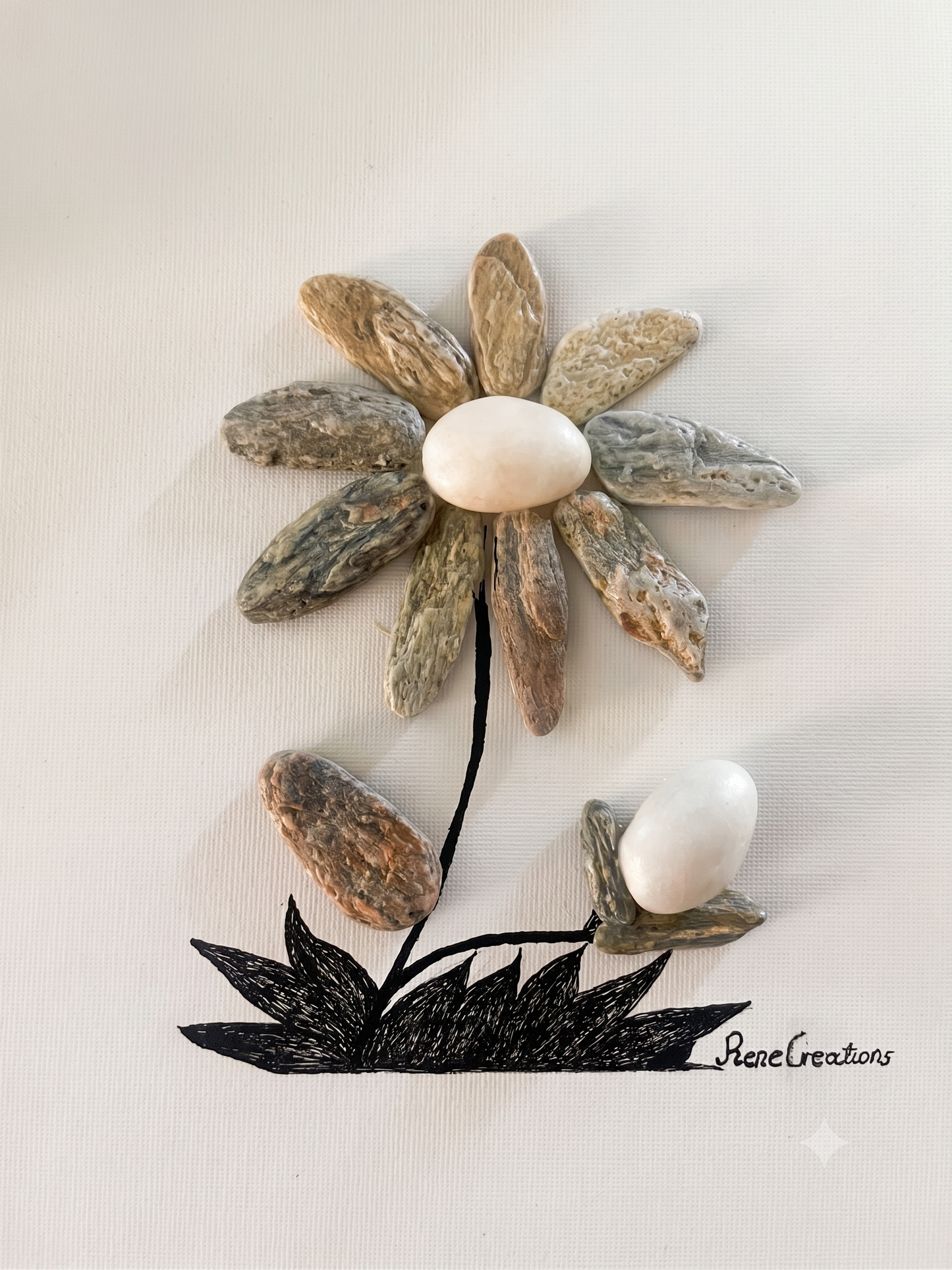 Handmade Frame with Pebbles from Andros: "Aegean Flower" - 3D Art on Canvas