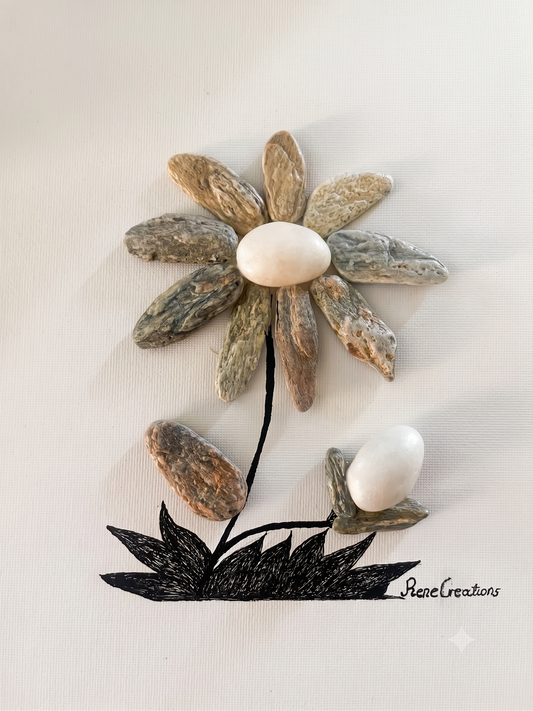 Handmade Frame with Pebbles from Andros: "Aegean Flower" - 3D Art on Canvas