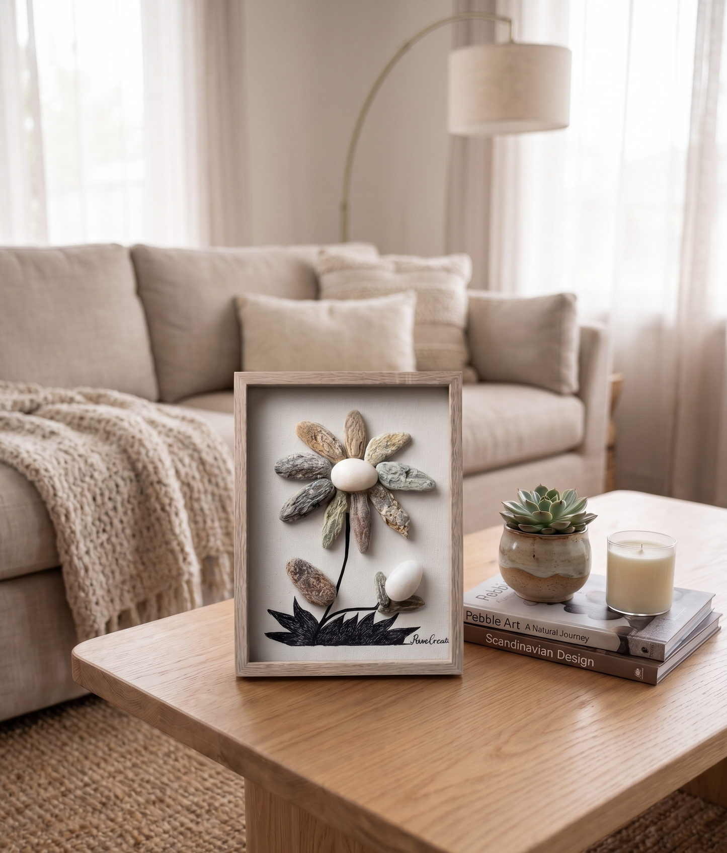 Handmade Frame with Pebbles from Andros: "Aegean Flower" - 3D Art on Canvas
