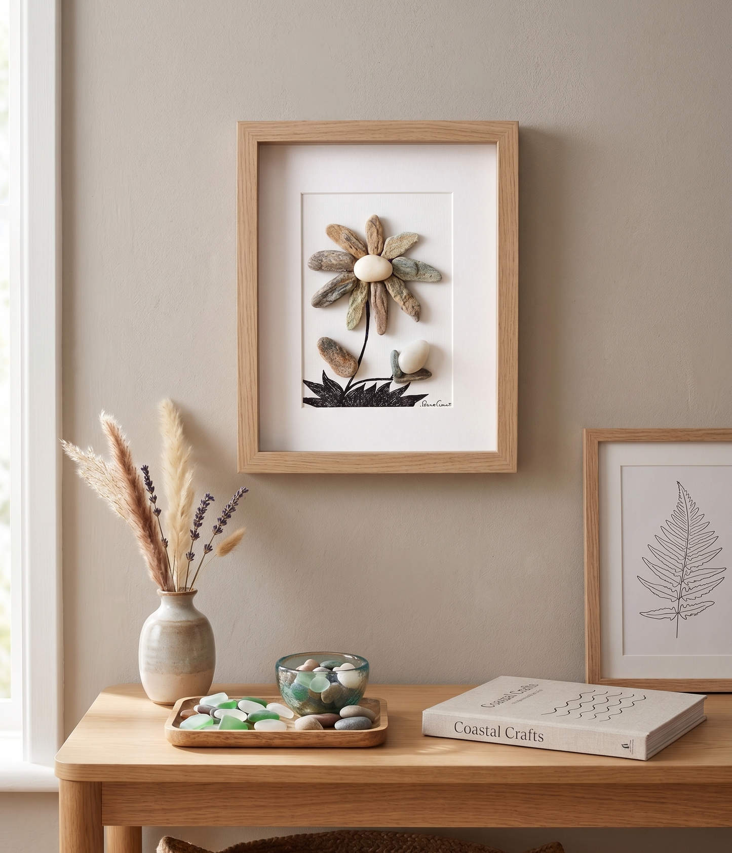 Handmade Frame with Pebbles from Andros: "Aegean Flower" - 3D Art on Canvas