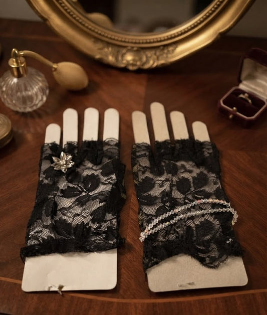 Statement Asymmetric Lace Gloves - Black Goth Glam