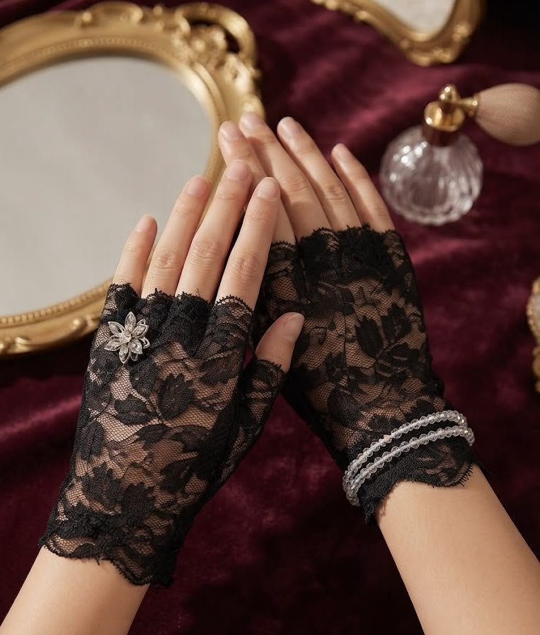 Statement Asymmetric Lace Gloves - Black Goth Glam